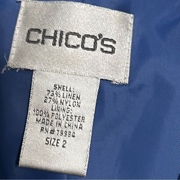 Chico’s Size 2 Metallic Linen Blend Long Bell Sleeve Jacket Blazer Cobalt - Picture 10 of 12